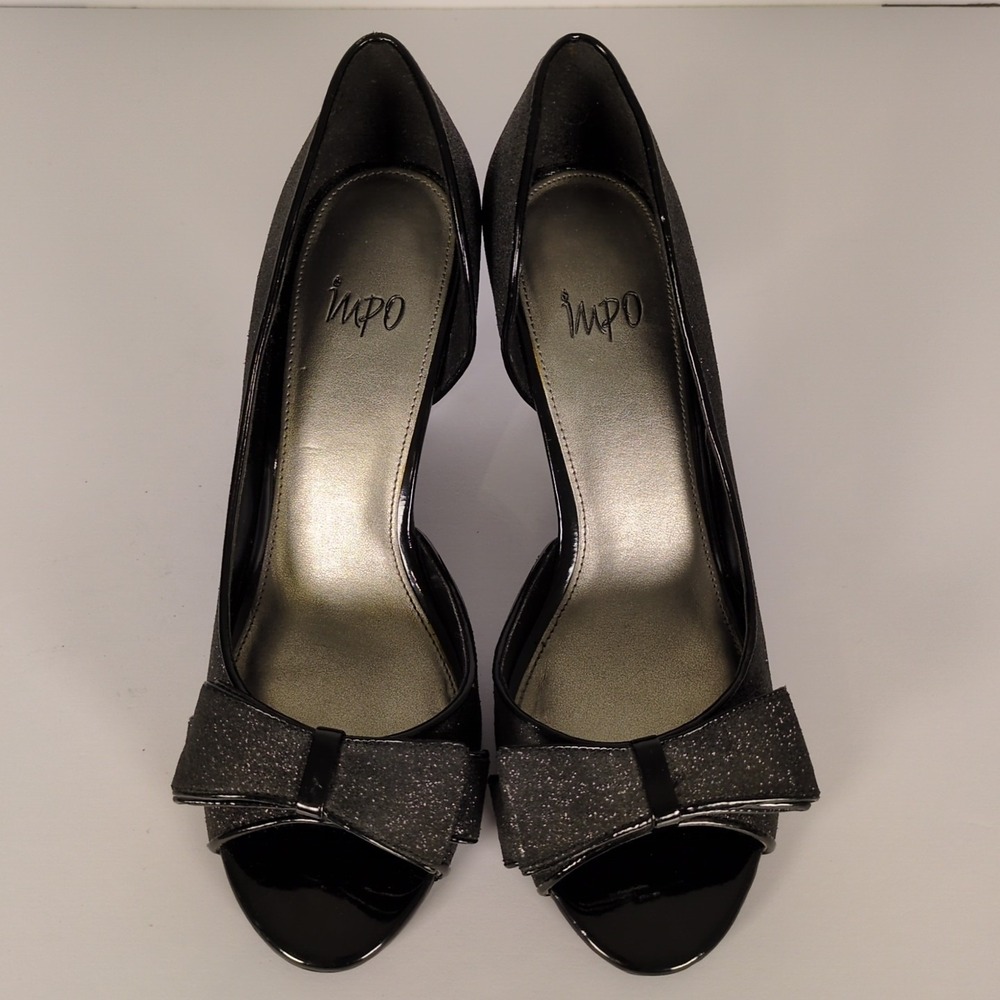 IMPO VTG‎ Black Heels SZ 7 Patent Leather Glitter Open Toe Bow Accent Pumps - Picture 3 of 8